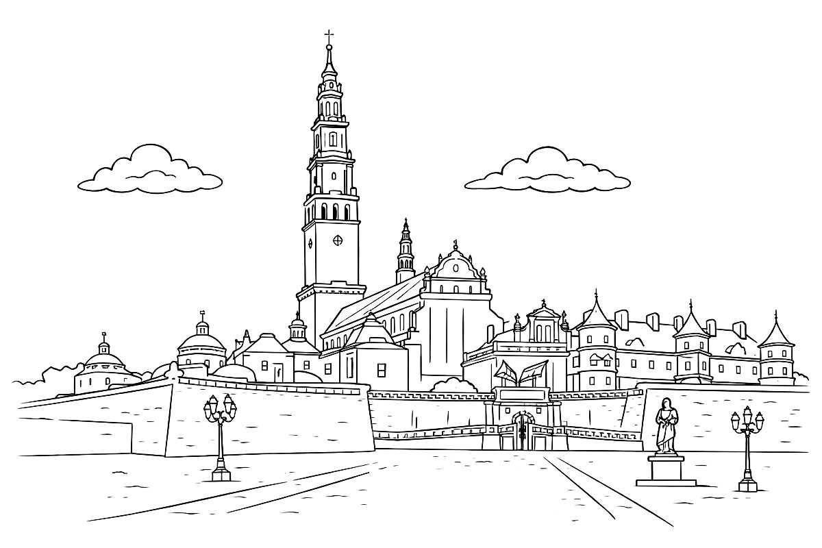 Jasna Góra klasztor - kolorowanka do druku